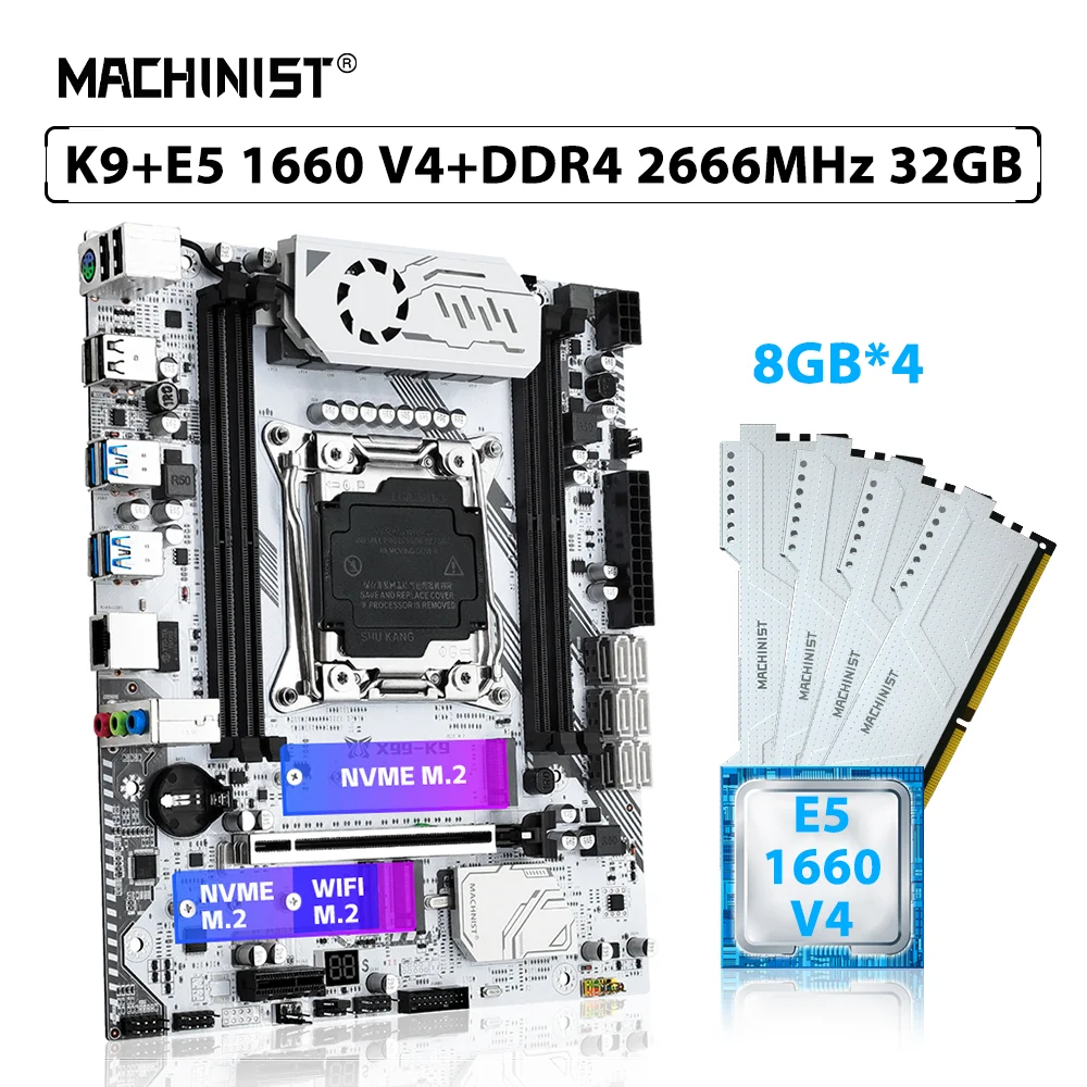 MACHINIST X99 Set K9 Motherboard Kit LGA 2011-3 Intel Xeon E5 1660 V4 Processor CPU RAM DDR4 32GB=4pcs*8GB 2666MHz Memory NVME