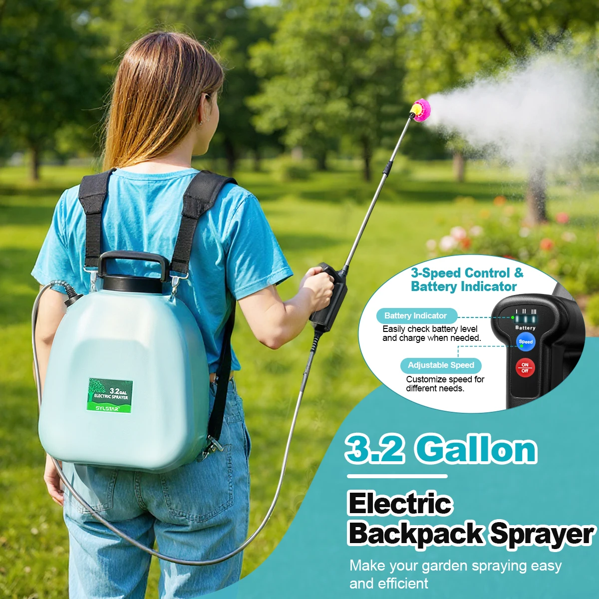 3.2 Gallon Battery Backpack Powered Sprayer,USB Rechargeable  Garden Sprayer with 3 Adjustable Forces, Battery Indicator, 5 Mist Nozzles, 41