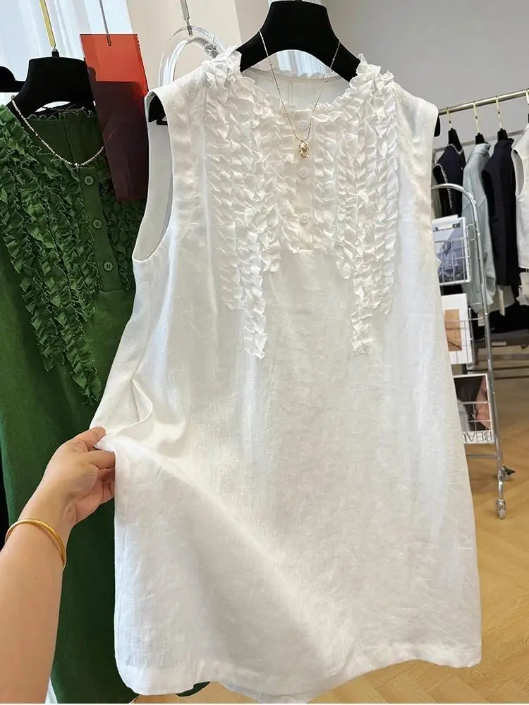 Summer Women's Fashion Sleeveless Dress Casual Loose O-Neck Dress Retro Contrasting Color T-Shirt