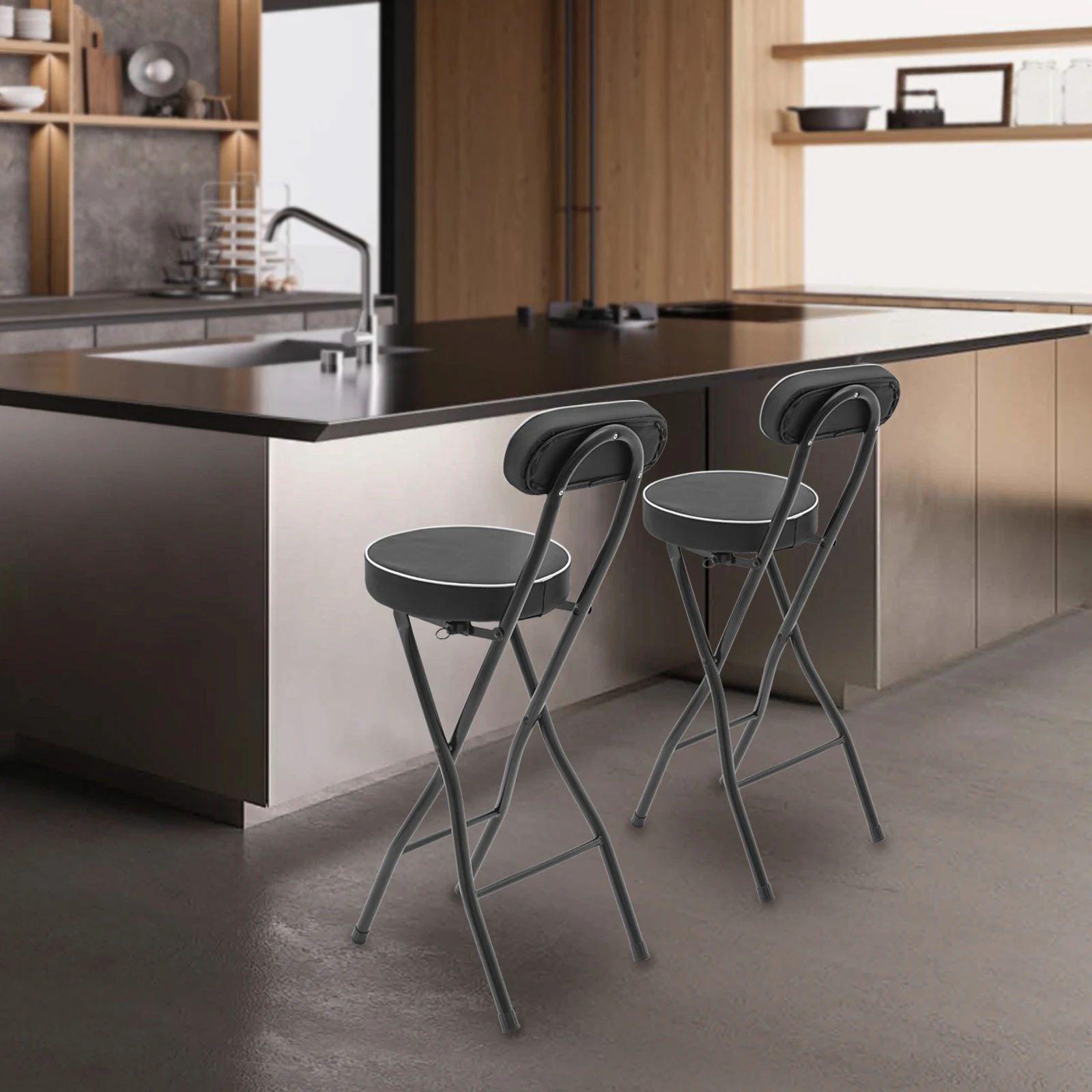 Taburetes de bar Juego de 2 taburetes de bar plegables Altura del asiento 65 cm Silla de cocina con respaldo hasta 125 kg Negro
