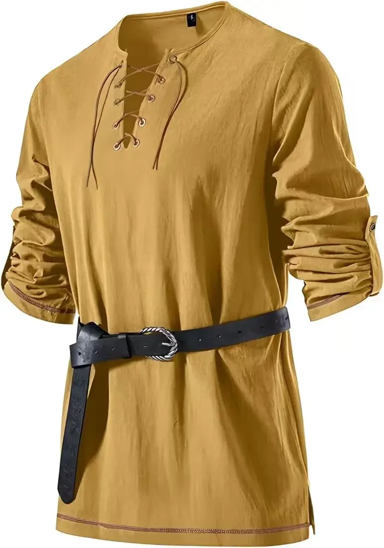 Mittelalterliches Schnürhemd für Herren mit Gürtel, langärmelig, Vintage-Piraten-Wikinger-Oberteil, Halloween-Cosplay-Kostüm, lässige Bluse – Detail 31