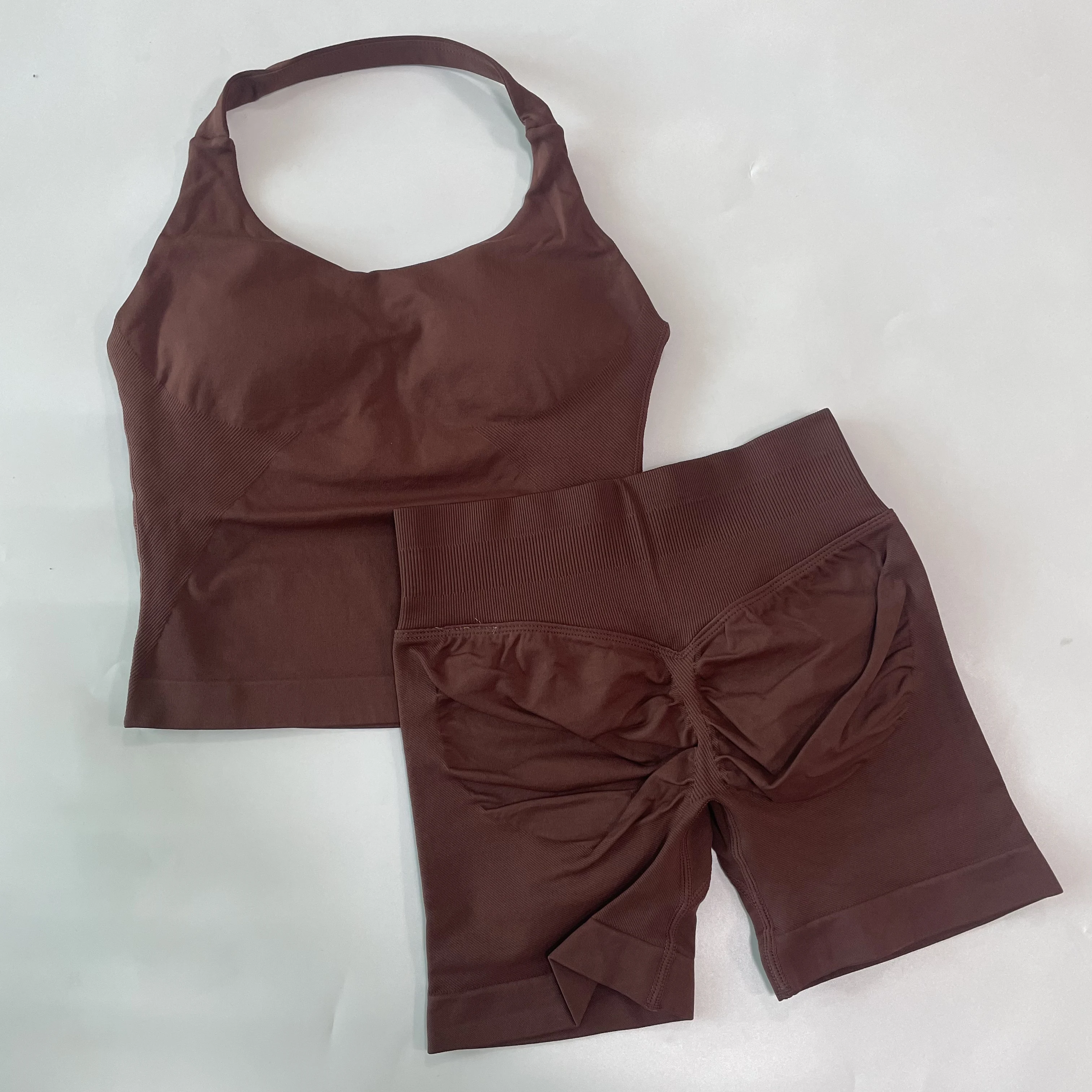 Geen logo 2-delige gymset Dames Backless Halter Tops Hoge taille Naadloze shorts Gympak Fitnesskleding Sportkleding Trainingssets - afbeelding 1