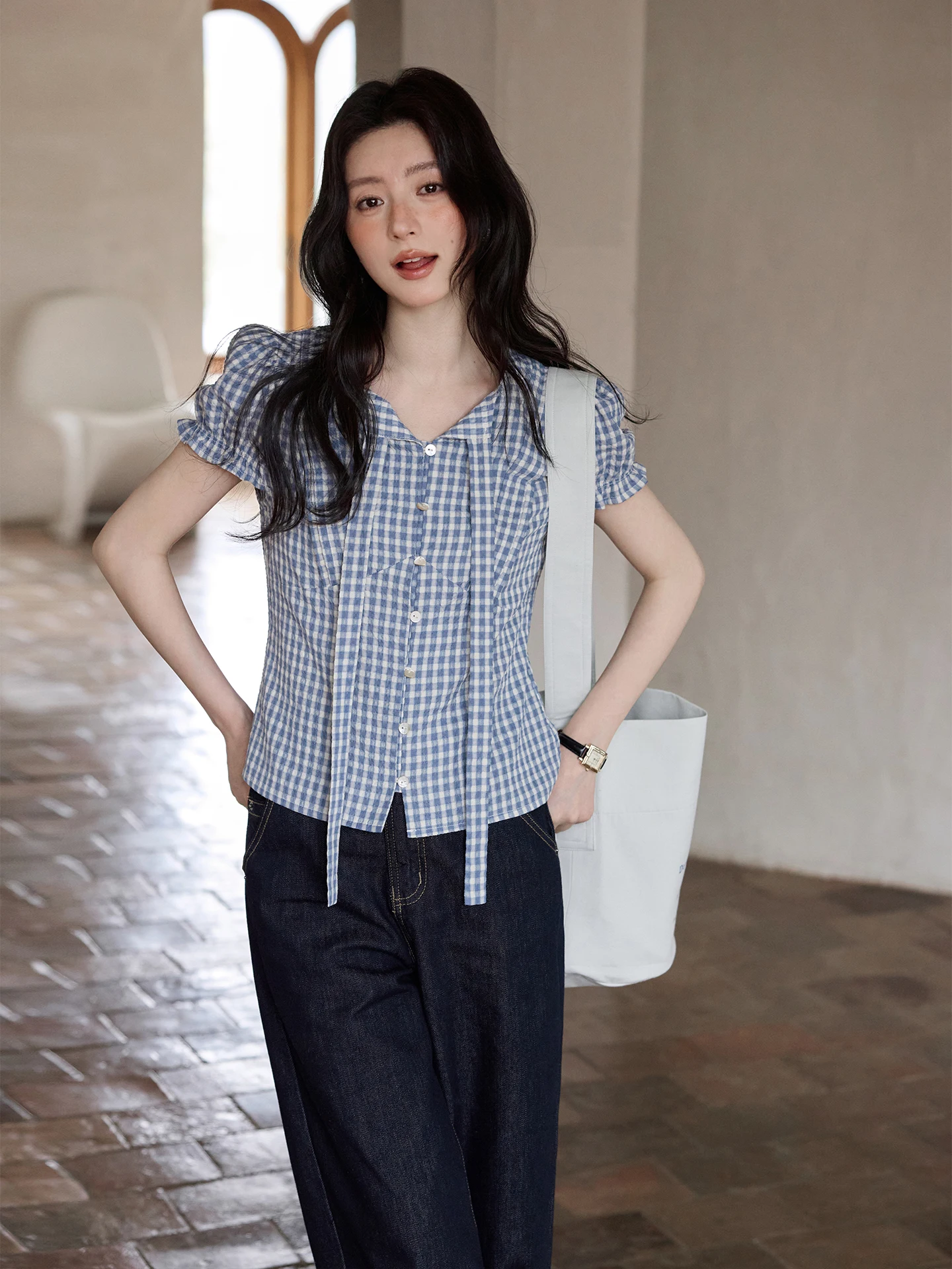 

Новинка: Весенне-летняя синяя рубашка с завязками в корейском стиле, уникальная, элегантная, премиум-класса, в клетку, из смесового хлопка