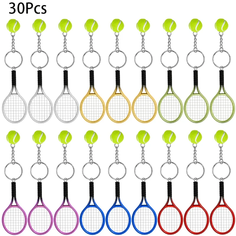 

30Pcs Tennis Keychain Tennis Racket Key Ring Alloy Tennis Ball Split Ring Tennis Trinkets for Tennis Sport Lover Team 6 Colors