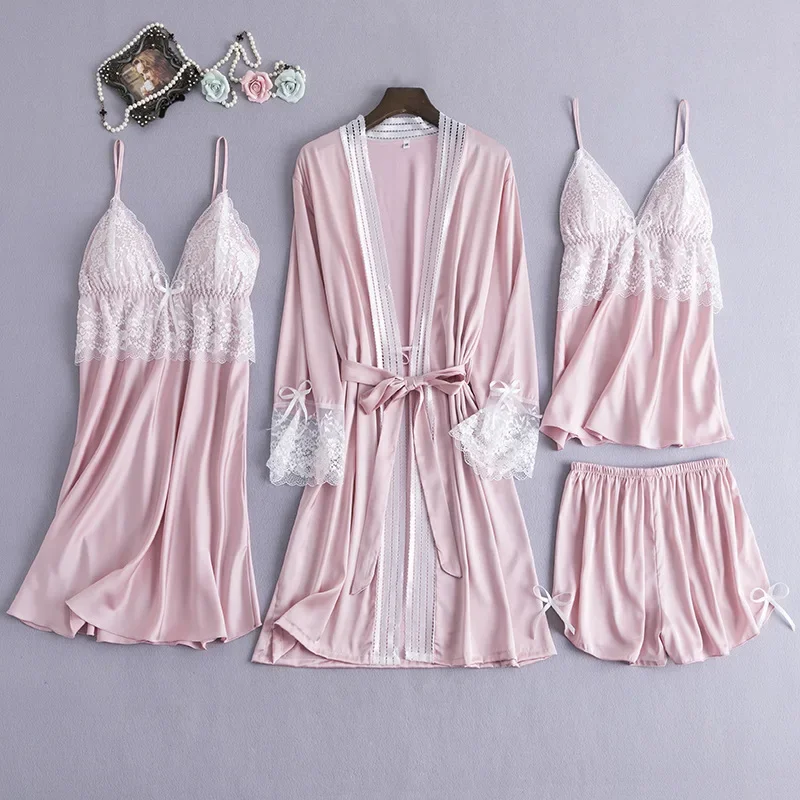 

MECHCITIZ 2020 Spring 4 Pcs Silk Women Pajamas Sets Sexy Sleepwear Lace Pijamas Robe Sleep Lounge Long Sleeve Nightwear Pyjamas