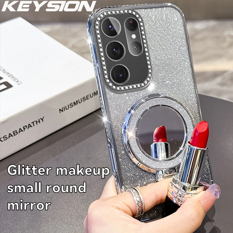 KEYSION Luxuriöse, glitzernde, mit Juwelen besetzte magnetische Handyhülle für Samsung Galaxy S26 Ultra 5G S26+, Make-up-Spiegelständer, stoßfeste Abdeckung