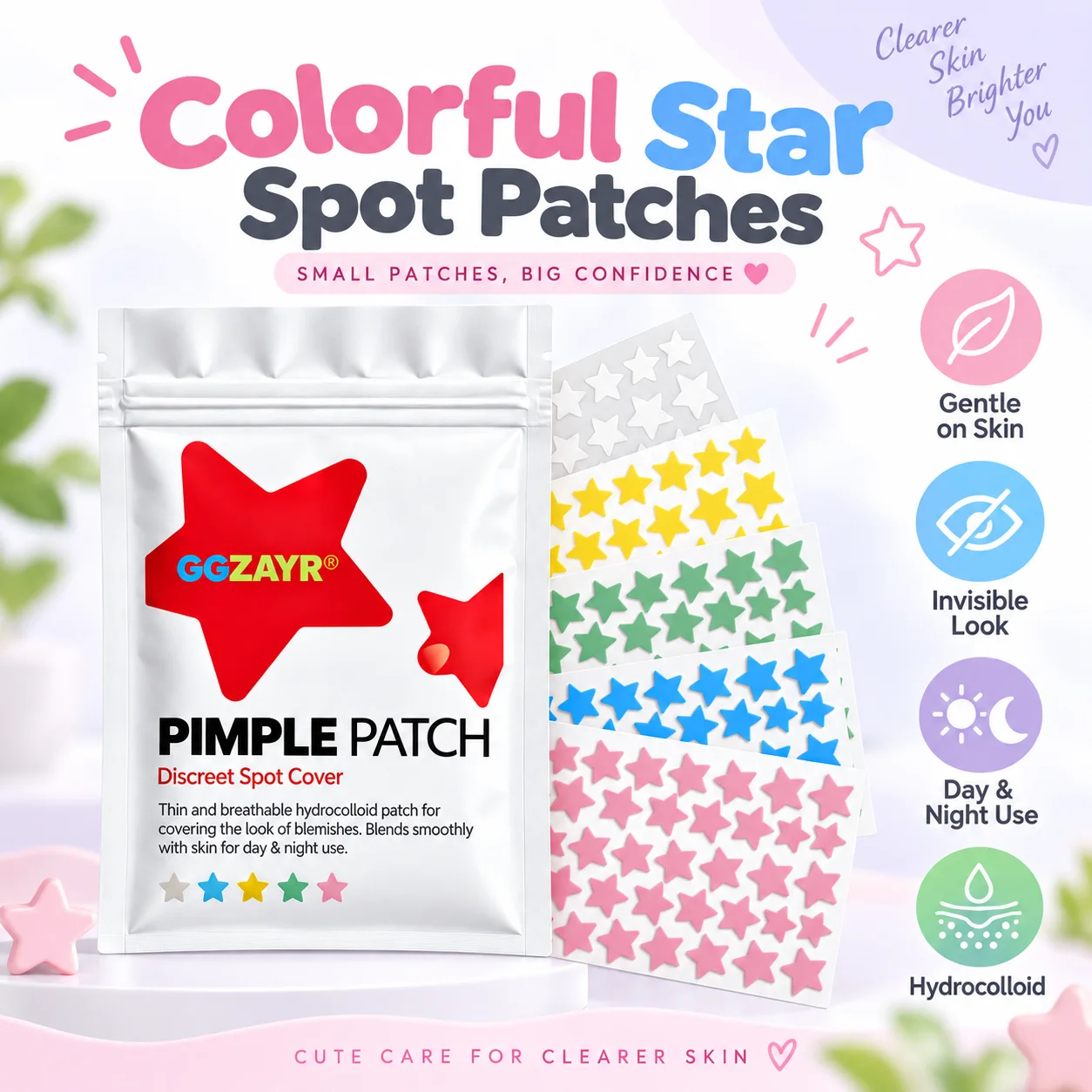 200pcs Colorful Star Pimple Patches 40 Sheets Hydrocolloid Acne Stickers, Cute Shape Spot Cover Face Care Accessories for Teens