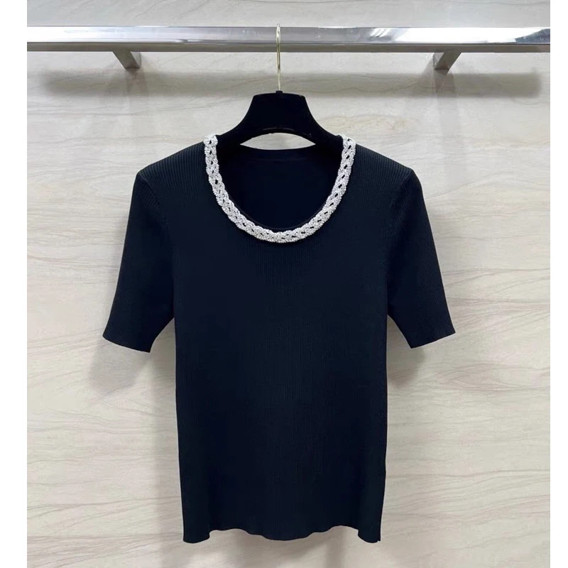 

High Quality Spring/Summer Women's New Fine Pit Stripe Ultra Fine Yarn Heavy Duty U Diamond Neck Knitted T-shirt Top