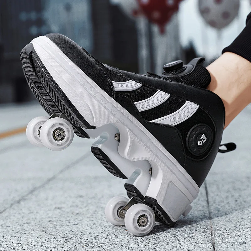 Student Rotating Buckle Transformation Four Wheel Skating Shoes 34-43 Outdoor Rampage Shoes  Sports Youth Fashion Kids Sneakers