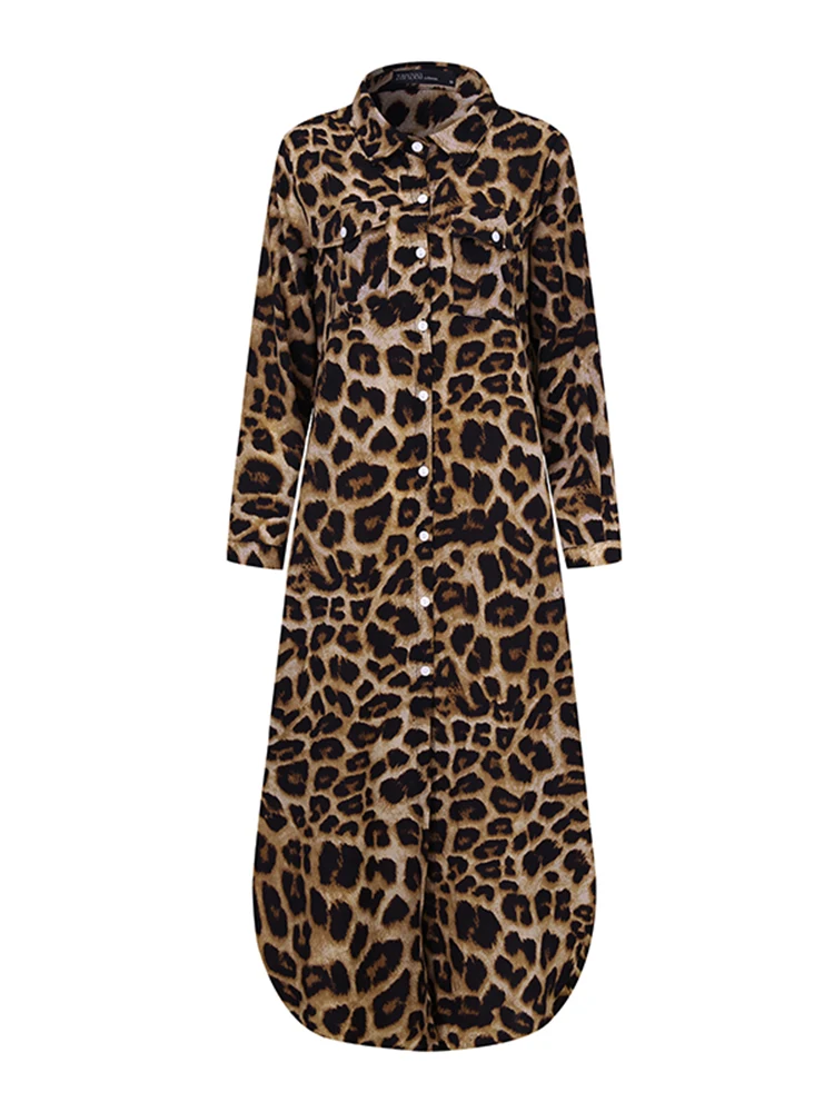 ZANZEA حجم كبير المرأة ليوبارد طباعة فساتين طويلة أنيقة كم طويل زر حتى الياقة قميص فستان 2025 الخريف التنقل 5XL #4