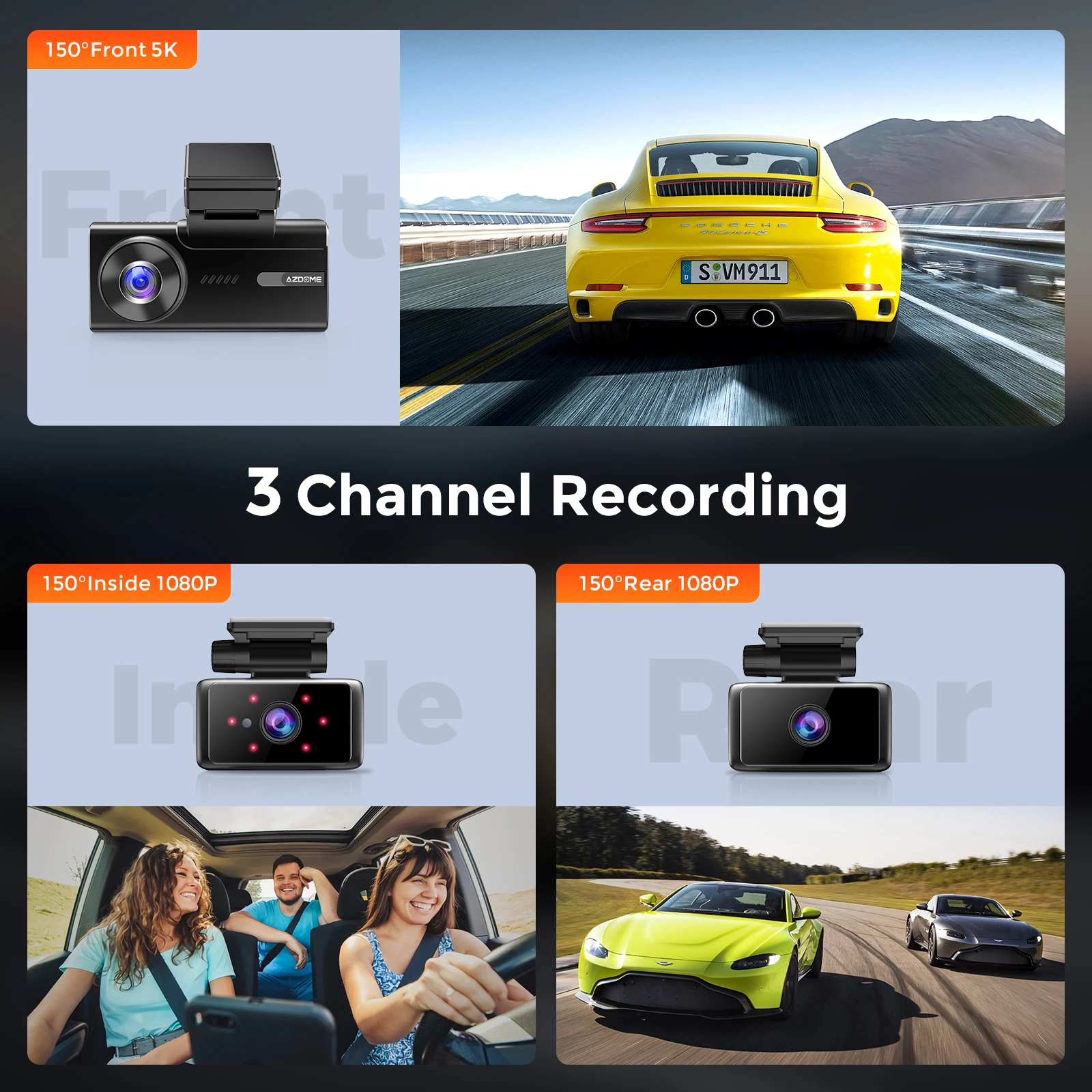 AZDOME M580 5K 3 Channel Dash Cam, Front Inside Rear Three Way Car DVR Dash Camera, 4K+1080P+1080P With GPS WiFi IR Night Vision