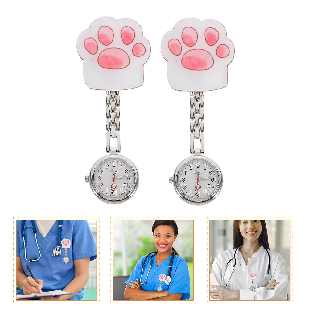 

2pcs Cat Paw Chest Watch Cartoon Pocket Watch Hard Glue Stainless Steel Alloy Glass Nurse Doctor Student Exam Timepiece