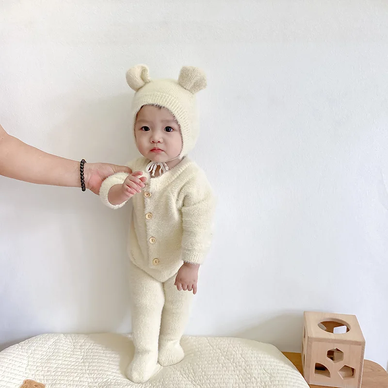 2024 Winter New Baby Long Sleeve Fleece Romper Solid Newborn Clothes Cotton Infant Boy Girl Thick Warm Jumpsuit + Cute Bear Hat