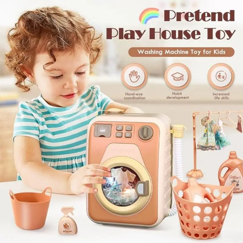 Washing Machine Toy for Kids,Play Washer and Dryer Set with Lights and Music，Pretend Play Household Toy for Kids，Mini Washing Ma