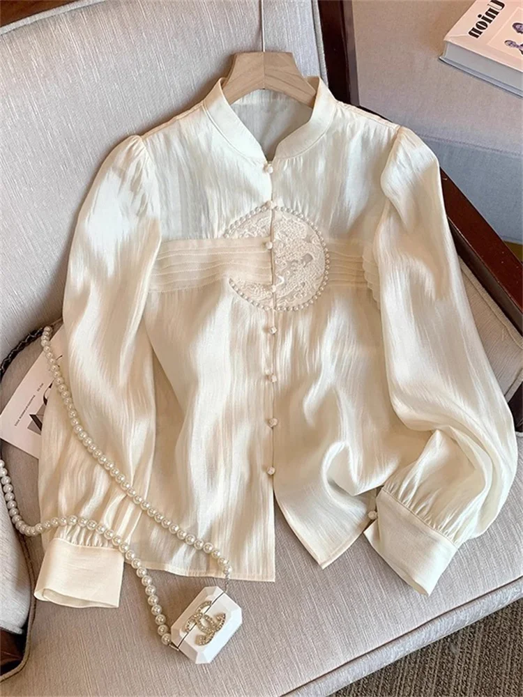 

Ele круглая Ne irt тяжелая вышивка из ацетатной атласной ткани, модный универсальный улучшенный национальный топ для женщин