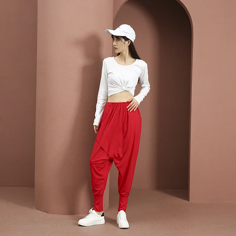 Women Cross-pants Summer Baggy Streetwear Red Cotton Harem Trousers Hip Hop Loose Casual Mid Waist Dance Joggers Bloomers