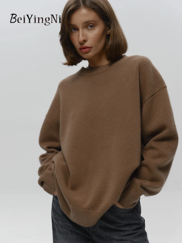 

Beiyingni 2025, осень-зима, женские вязаные топы, однотонный теплый свободный свитер, женский простой повседневный элегантный роскошный серый свитер с круглым вырезом
