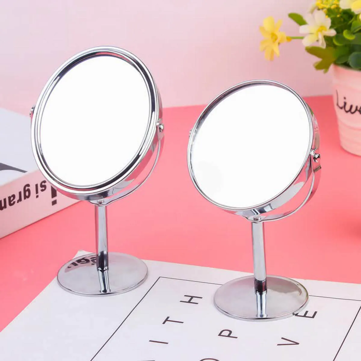 Metal oval desktop makeup mirror, desktop can rotate 1:2 magnifying glass, European princess mirror, double-sided dressing mirro