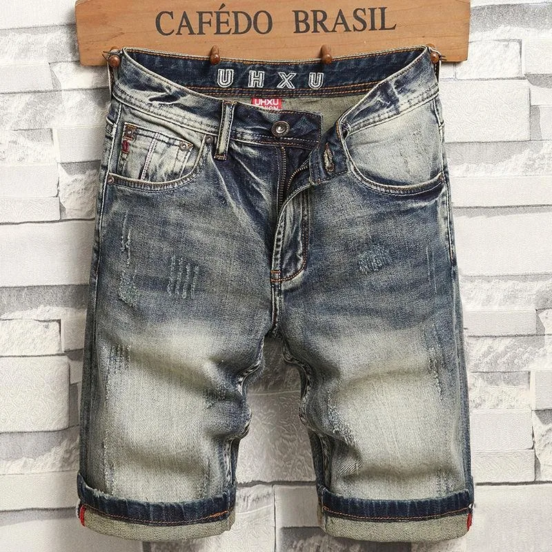 korean luxury clothing Harajuku Men\'s Casual Denim Knee-Length Shorts for 2024 Summer Vintage American Retro Style Jeans Shorts