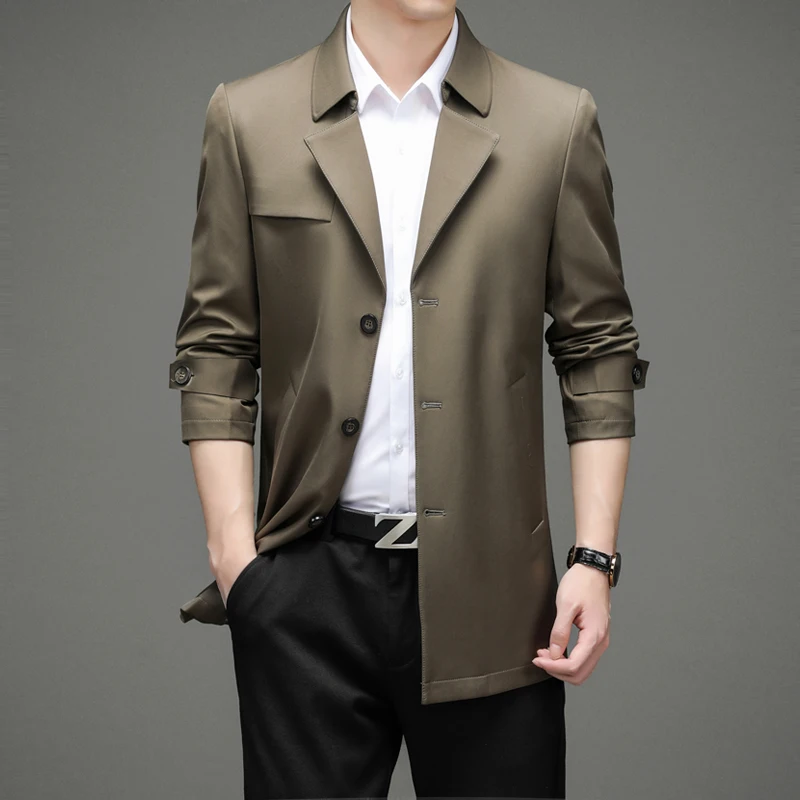 Spring Autumn Medium Length Men's Trench High Quality Solid Color Single Breasted Business Casual Male Outerwear Coats