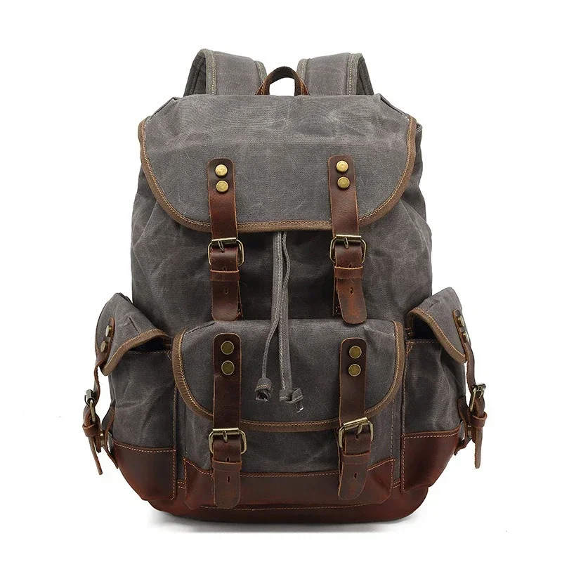 Men\'s Waxed Canvas Backpack Outdoor Shoulder Casual Student Bag Large Capacity Travel Backpack Canvas Leather Climbing Backpack