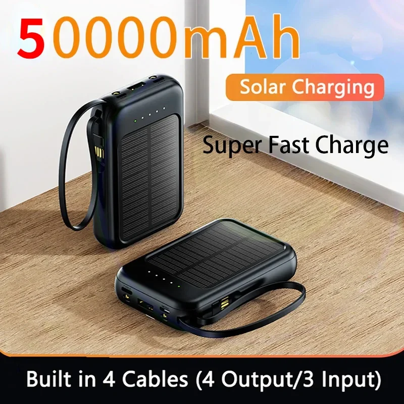 

50000 Mah Solar Thin Power Bank Portable Light Comes With Four-wire External Battery Daily Power Bank For Iphone Xiaomi Huawei