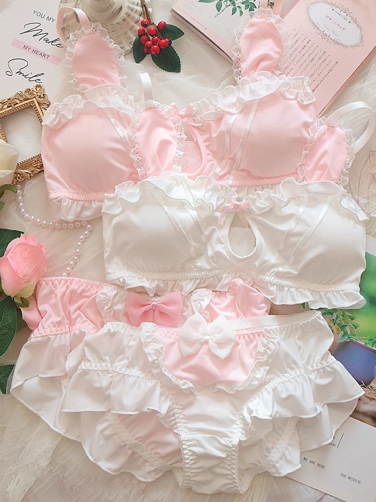 

Japanese Lovely Sweet Rabbit Lolita Push Up Underwire Bra & Panties Maiden Rabbit Ear Ruffles Lingerie Set Young Underwear Set