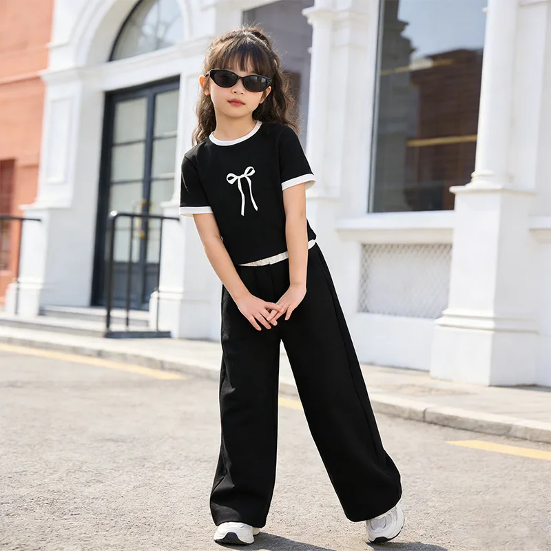 Autumn Girls Children Set Short Sleeve Teenager Bow Butterfly Crop Top T Shirt  + Wide Leg Long Pants 4 5 8 10 12 14 Years