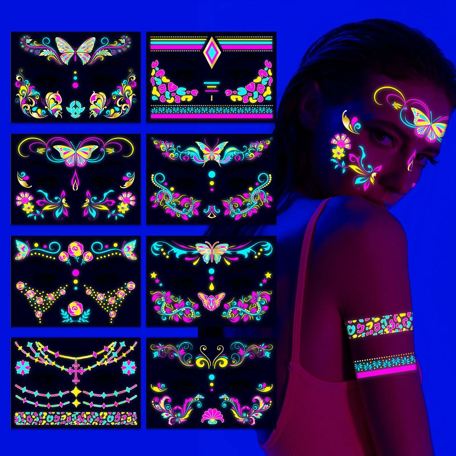 Music Festival Gold Powder Fluorescent Face Sticker Temporary Waterproof Tattoo Sticker Nightclub Masquerade Glowing Fake Tattoo