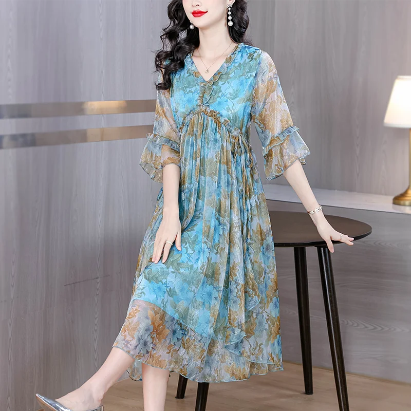 2025 vestido Midi bohemio de lujo para playa, Vestidos informales elegantes para fiesta nocturna, Vestidos ceñidos Vintage de gasa para vacaciones de verano para mujer