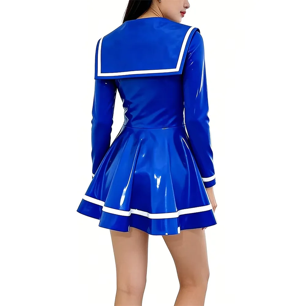 Women'sPVC Sailor Collar Mini evening cocktai Dress Long Sleeve Glossy Pleated Short Dress with White Trim Party Clubwear