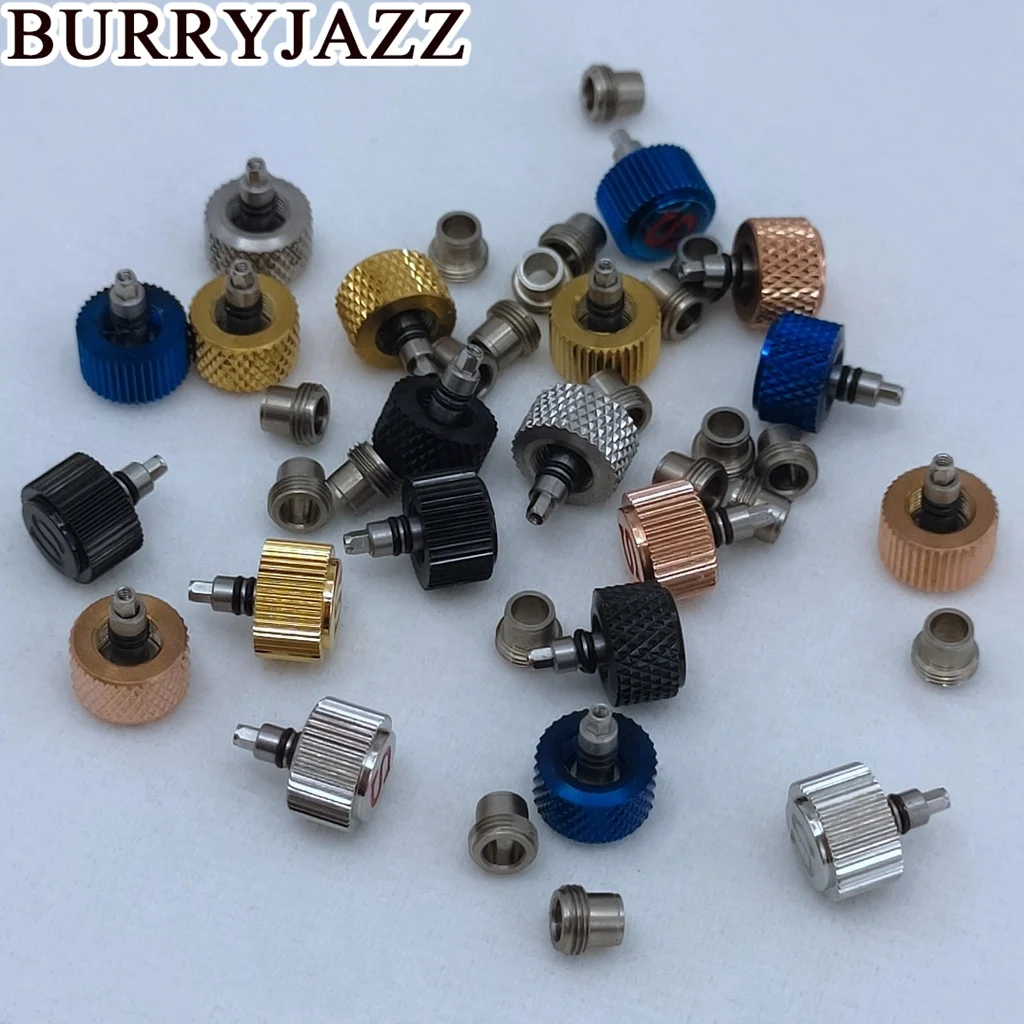 BurryJazz นาฬิกาข้อมือสีเงินสีโรสโกลด์สีฟ้าอะไหล่นาฬิกา S Crown สำหรับ NH35 NH36 4R35 4R36 SKX007การเคลื่อนไหว7S26