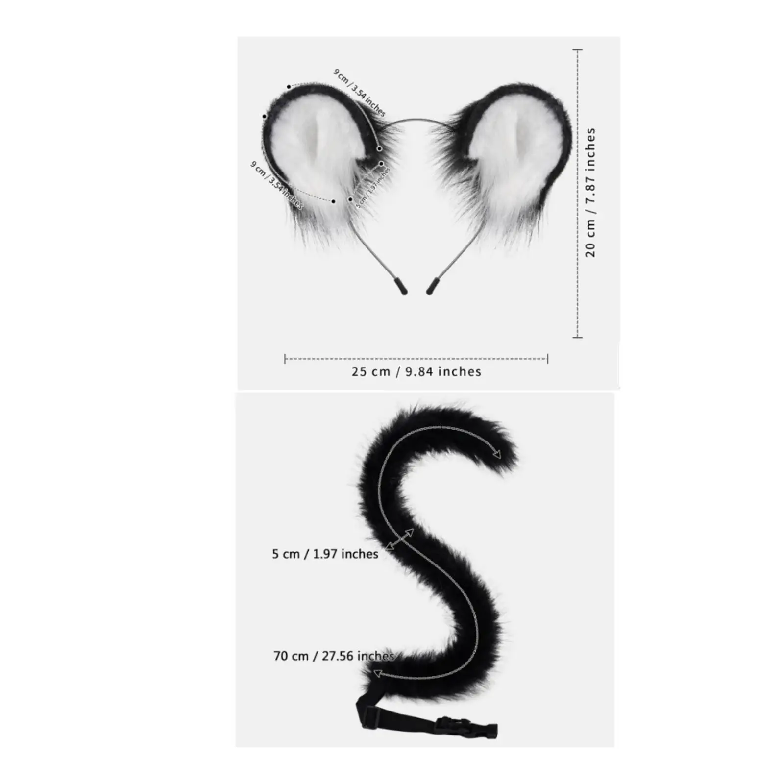 Cute Plush Animal Ear Headband Set with Curved Tail and Face Mask for Halloween Dance Cosplay Dress Up Party
