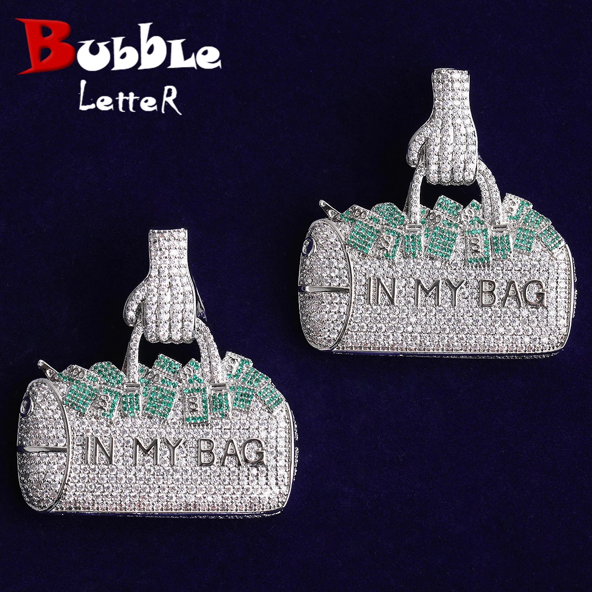 

Bubble Letter Iced Out Silver Green In My Bag Necklace Pendant for Men Real Gold Plated 5A Cubic Zirconia Hip Hop Jewelry