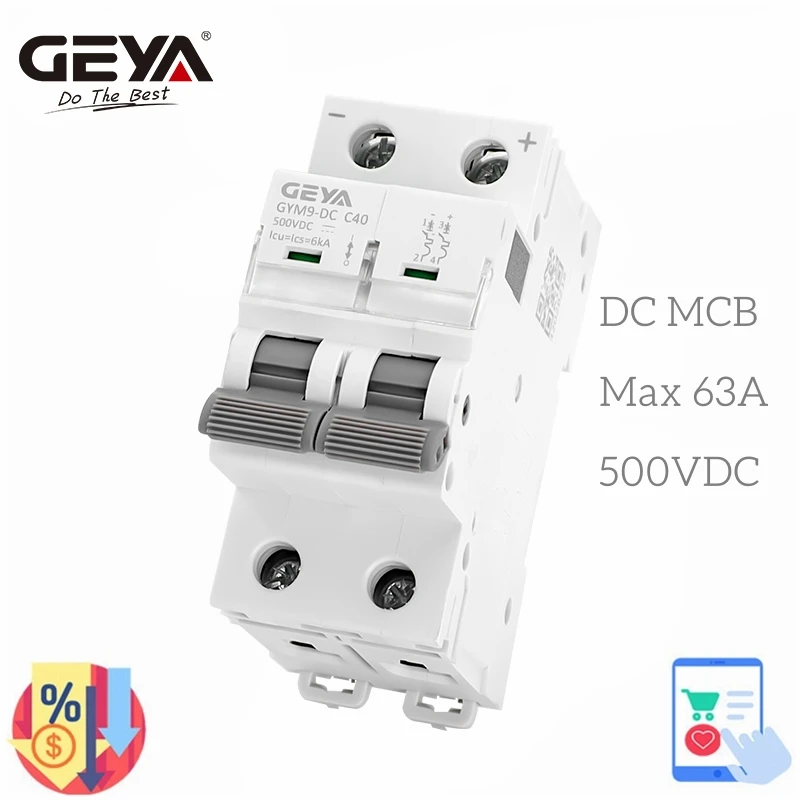 GEYA Din Rail DC MCB 6KA 2P 500V Mini wyłącznik automatyczny DC 6A 10A 16A 20A 25A 32A 40A 50A 63A Solar DC Breaker