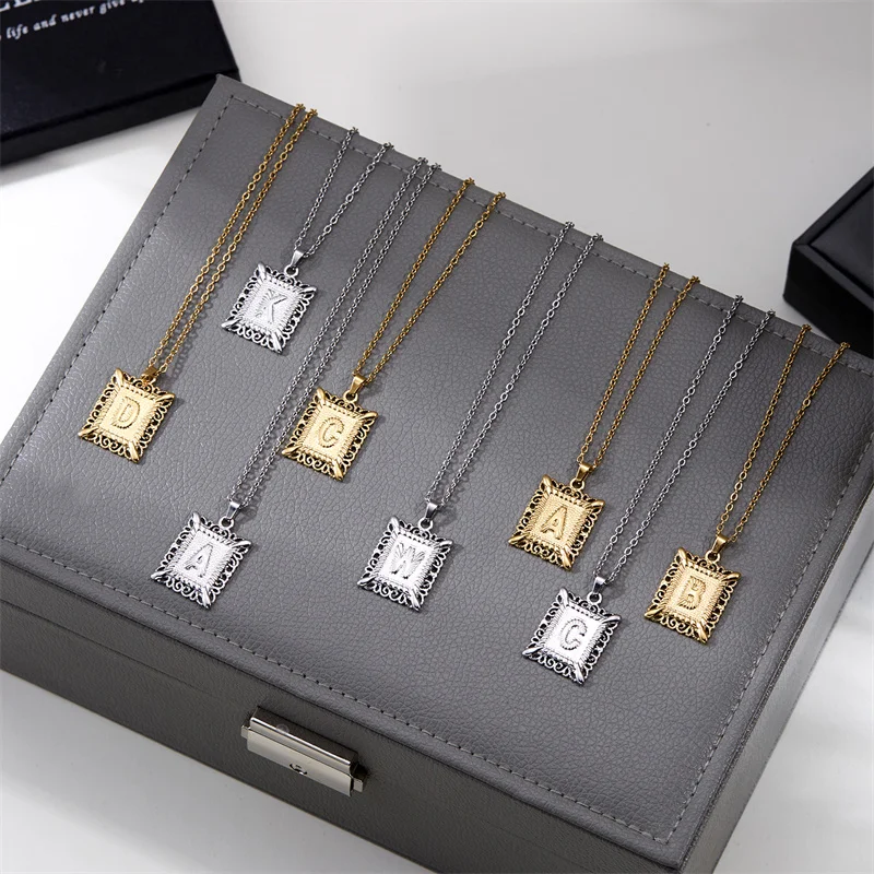 Stainless Steel 26 Letter Pendant Necklaces for Women Men Photo Frame Square Geometric Necklace Aesthetic Jewelry Birthday Gift