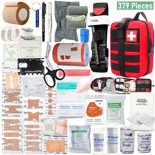 Imagen 1 del producto Botiquín de primeros auxilios para el hogar y la Oficina, bolsa de emergencia portátil, transporte de supervivencia rojo para actividades al aire libre, Camping, caza, senderismo, 379 Uds.
