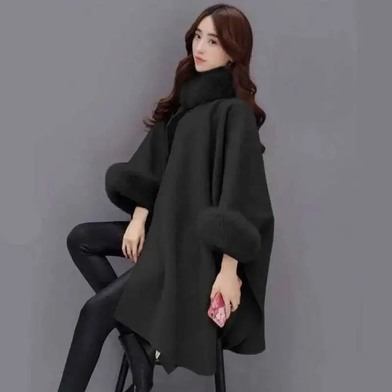 Elegant Autumn/Winter Large Rabbit Fur Collar Woolen Overcoat Medium-Length Mantle Jacket For Women