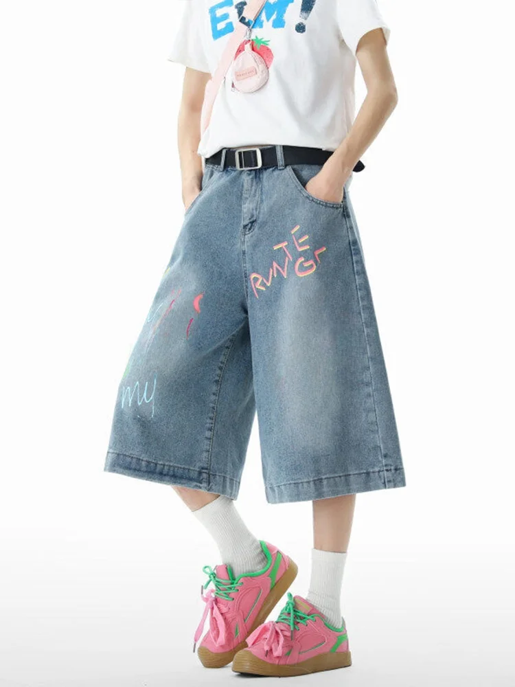 

Doodle Print Wide Leg Jeans Men's Loose Straight Casual orts American High Street Sle Summer Denim Pants Trendy Youthwear