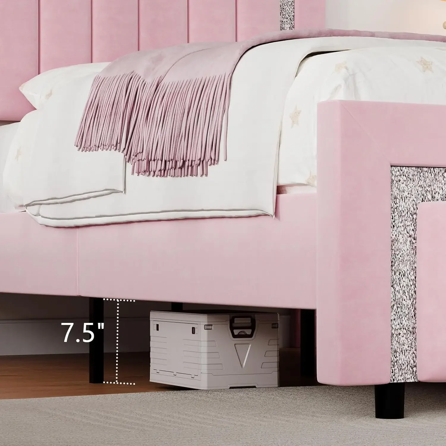 HOMBCK Estructura de cama doble, estructura de cama tapizada de terciopelo rosa con cabecero y pie de cama de diamantes, estructura de cama doble para niñas, Vertica