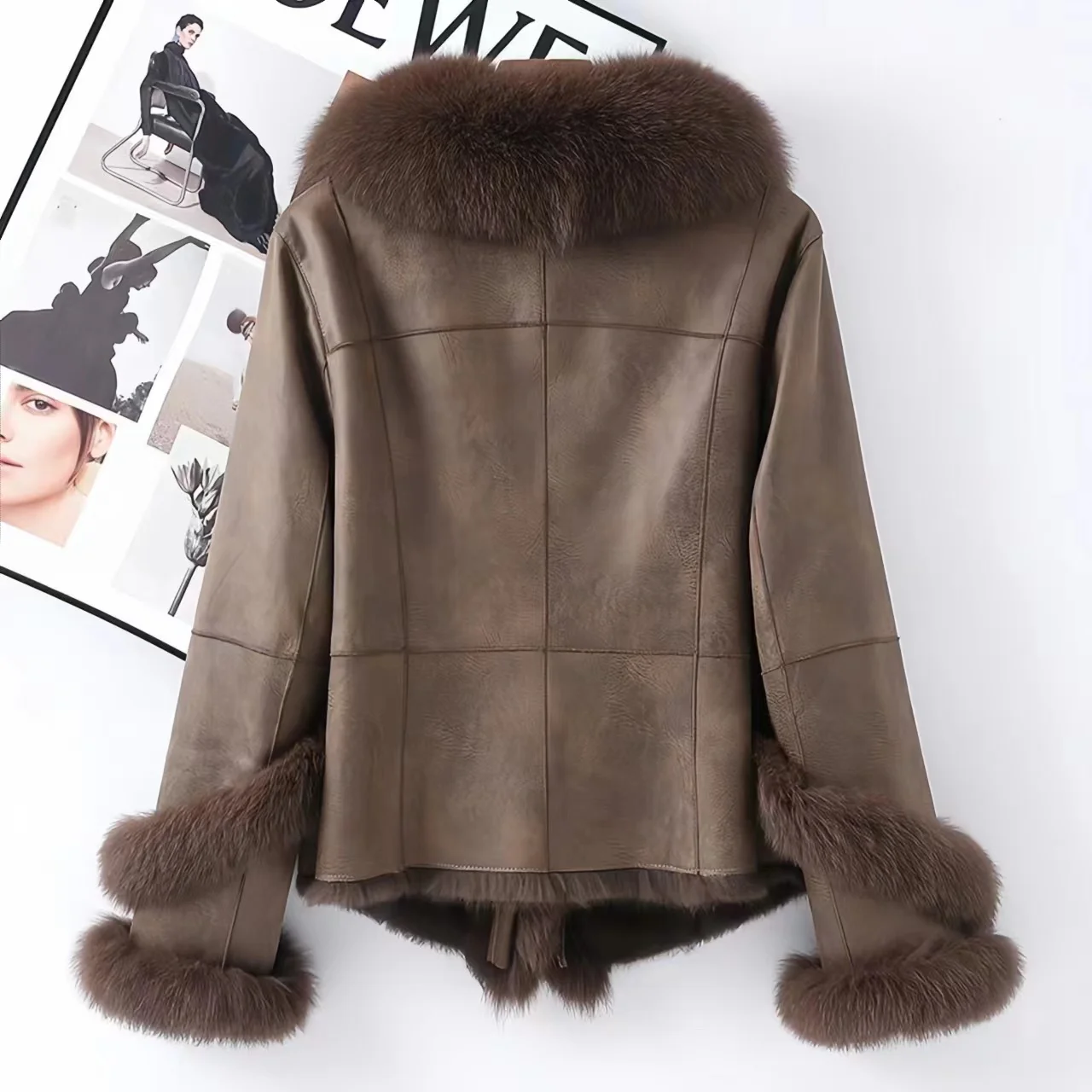 Manteau en fourrure de lapin en cuir véritable pour femmes, pardessus à col en fourrure de renard, vêtements féminins, style anglais, haute qualité, hiver, 2023