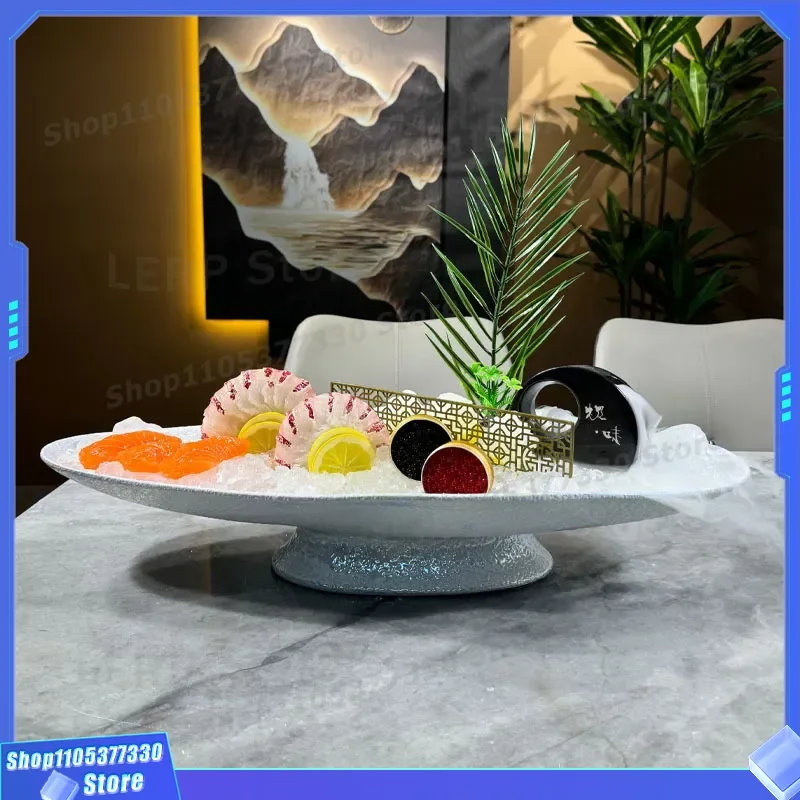 Dark Blue Ceramic Sashimi Plate Creative Fish Carving Dish High End Artistic Seafood Platter Salmon Serving Tray Ice Base