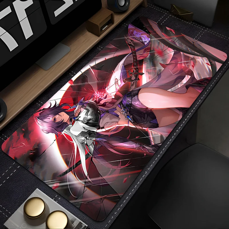 Gaming Mouse Pad, Anti-slip, Stitched Edges, Red Purple Anime Girl with Sword Print, Keyboard Pad for Gamer Home Office Desk