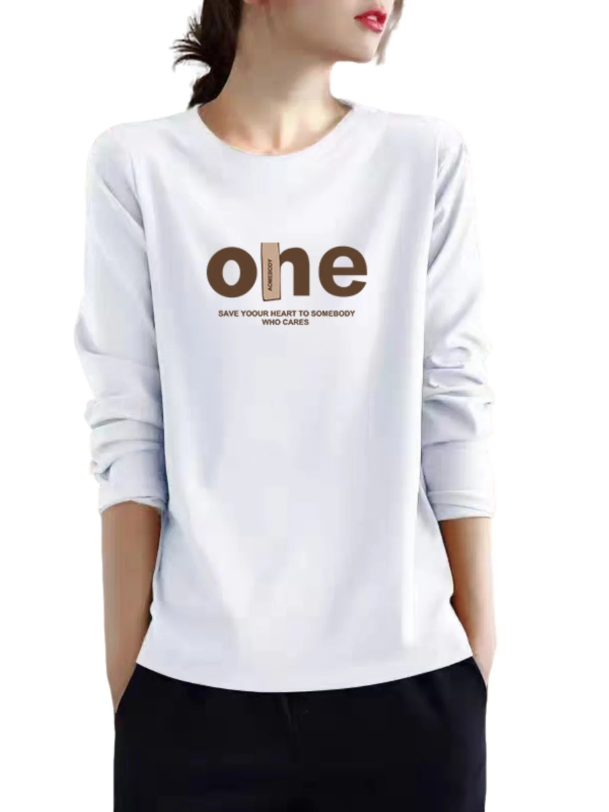 Faionable القطن الخالص اليابانية Sle مطبوعة التخسيس العصرية الأعلى للنساء الخريف فضفاضة تناسب طويلة Sve جولة Ne تي شيرت