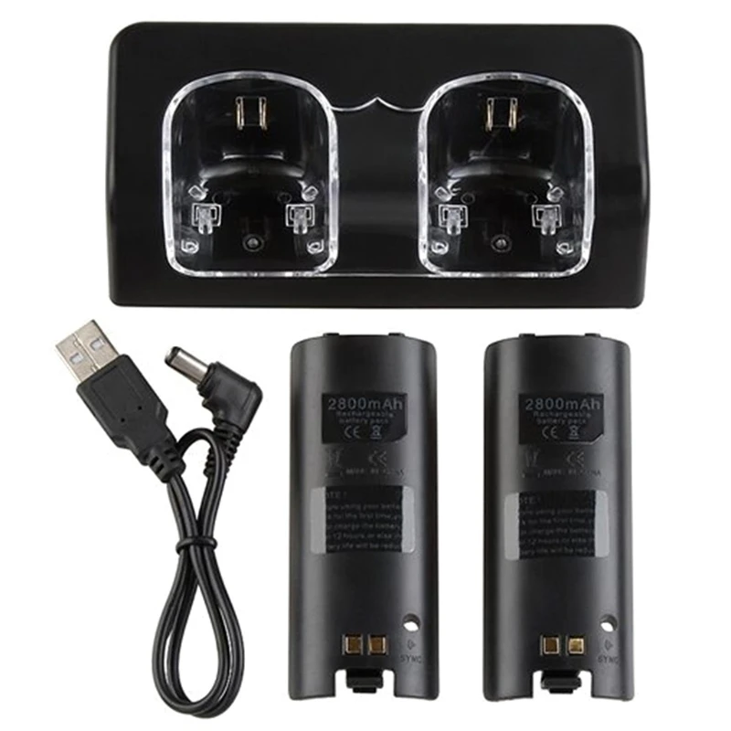 

Remote Controller Dual Charging Dock Station+ 2 Batteries for Wii Gamepad, with LED Light H8WD