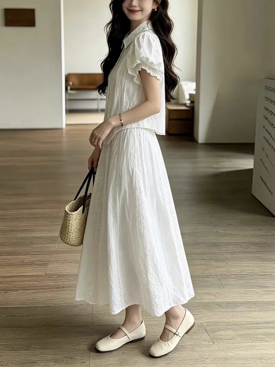 White Embroidered Hollow Patterned Shirt Belted Long Skirt Summer 2026 Fashion Set Breathable Cotton Short Sleeve Button up