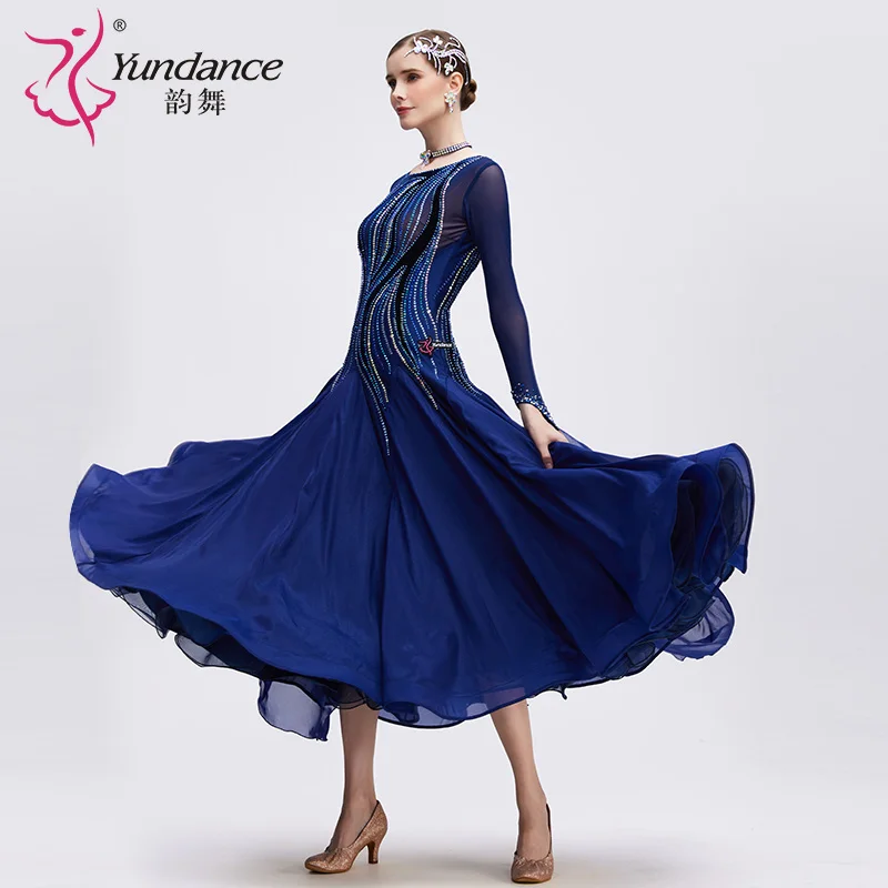B-24143-2 Nieuwe kleur Hot Sale Internationale standaard ballroomdansjurk Hoge kwaliteit marineblauwe chiffon lange stijldansjurk