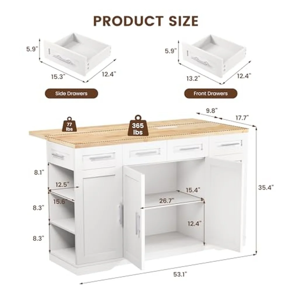 53'' Rolling Kitchen Island with Power Outlet Drop Leaf & Trash Can