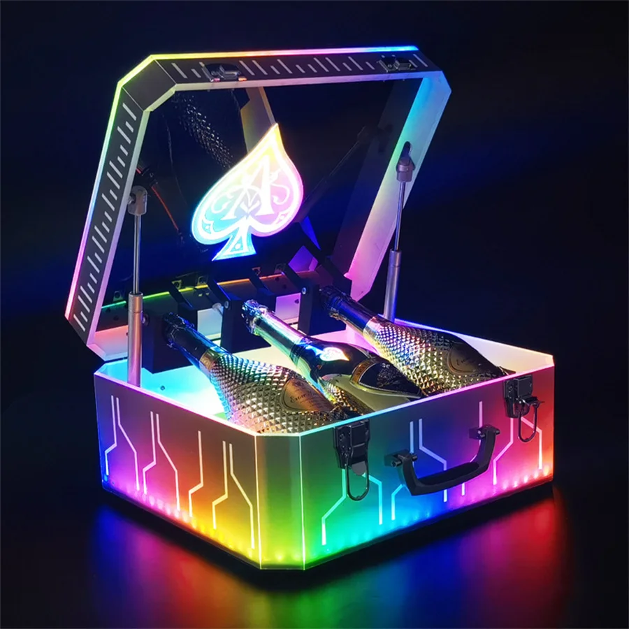 

Customized Logo Ace Of Spade Bar Display Gift Box LED Bottle Presenter Glorifier 3/5pcs Champagne Wine Vip Bottle Carry Case