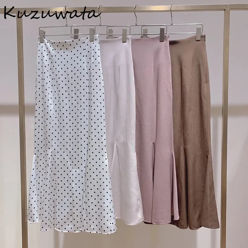 

Kuzuwata Elegant High Waist Ladies Skirt Solid Color Polka Dot Satin Long Skirts for Women Spring 2024 New Faldas Largas Mujer